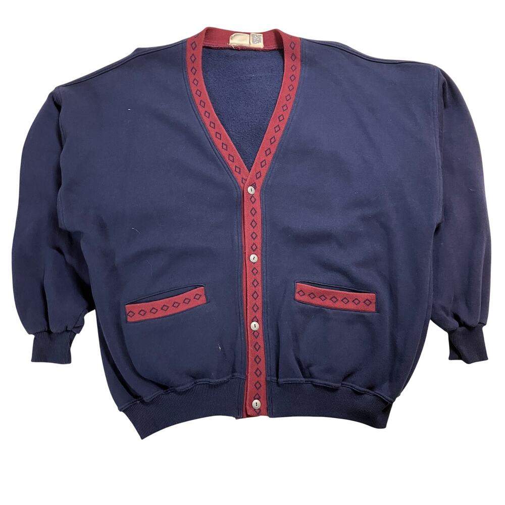 Vintage Cardigan Mens Large Navy Fleece Button Front Pockets Boundary Waters